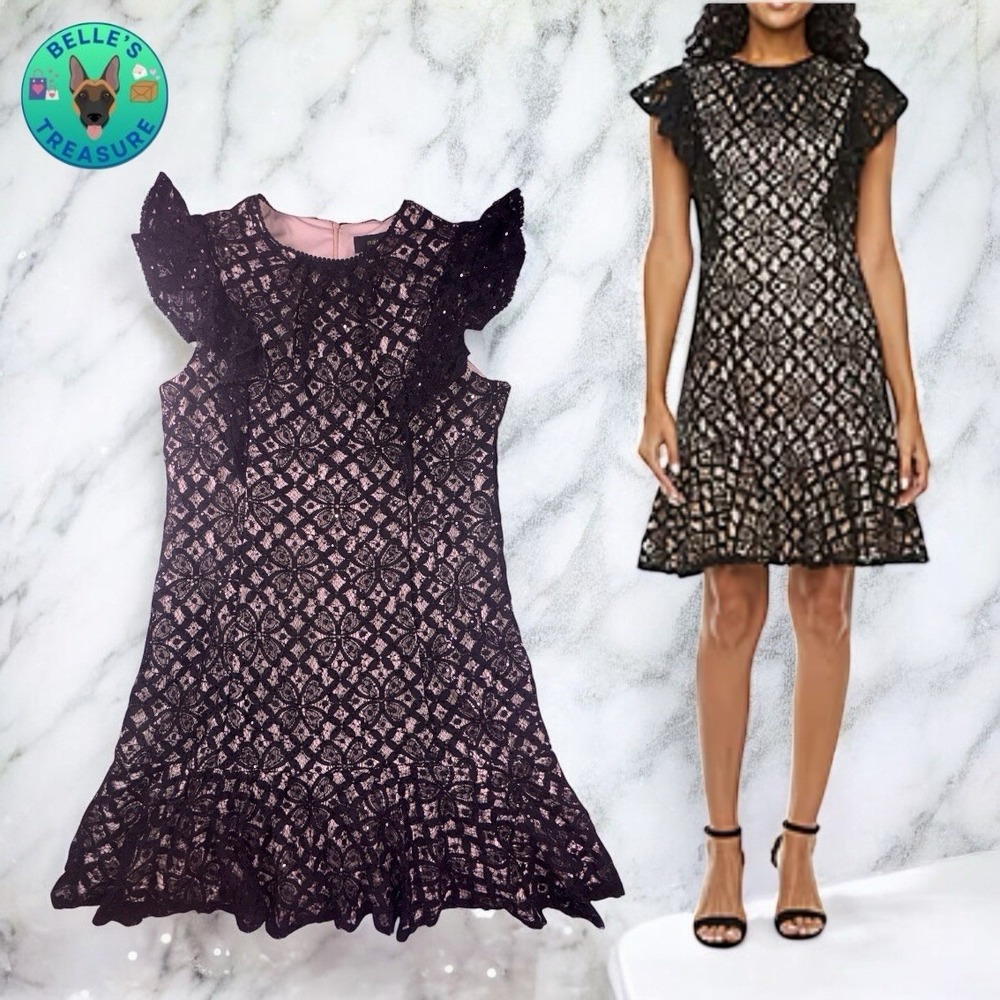 Maia Dress Womens 14 Black Beige Lace Sequin Flutter Sleeve Hoco Formal Banquet